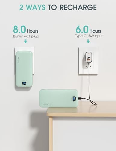 Portable Charger Power Bank, 20000mAh 22.5W USB C Fast Charging with Built-in Cables & Wall Plug, External Battery Pack with LED Display, Travel Essential for iPhone, iPad, Samsung Green - Image 6