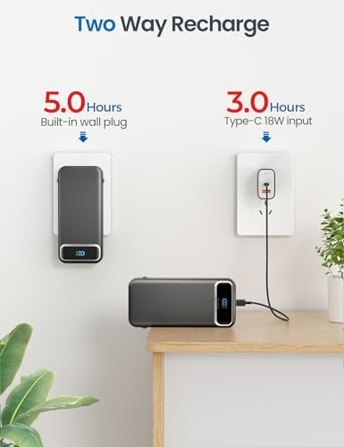 12000mAh Lightweight-Portable-Charger-Power-Bank with Built-in Cables and AC Wall Plug, PD20W USB-C Fast Charging Battery Pack, LED Display External Travel Phone Charger for All iPhone,Samsung,Android - Image 7