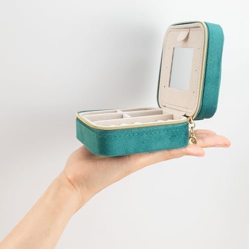 Velvet Jewelry Box Travel Jewelry Organizer with Mirror Soft Plush Case for Necklaces, Earrings, Bracelets & Rings Gift for Women, Girlfriend, Mom or Best Friend (Soft Velvet - dark green) - Image 2