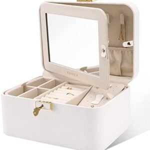 KAMIER Travel Jewelry Box, 2 Layers PU Leather Portable Jewelry Organizer, Large Capacity, Double Lock and Large Mirror, Hidden Necklace Hooks, Removable Dividers, Gift Box Packaging, White