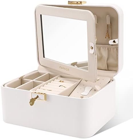 KAMIER Travel Jewelry Box, 2 Layers PU Leather Portable Jewelry Organizer, Large Capacity, Double Lock and Large Mirror, Hidden Necklace Hooks, Removable Dividers, Gift Box Packaging, White