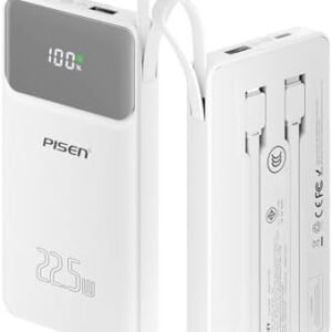 PISEN 3C Certified Power Bank - 10000mAh 22.5W CCC Power Bank with Built in Cable, Travel Battery Pack Portable 3C Charger with LED Display, Portable Charger with Built in Cable for iPhone, Samsung
