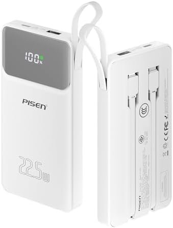 PISEN 3C Certified Power Bank - 10000mAh 22.5W CCC Power Bank with Built in Cable, Travel Battery Pack Portable 3C Charger with LED Display, Portable Charger with Built in Cable for iPhone, Samsung