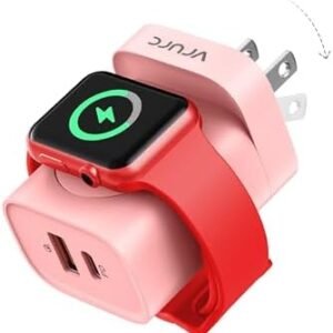 VRURC Charger for iPhone & Apple Watch, 20W USB C Fast Charging Block, 3-in-1 Compact Travel Adapter with 2 Port for iPhone 17/16/15/14/13, Wireless Magnetic for iWatch SE/11/10/9/8/7/6/5/4-Pink