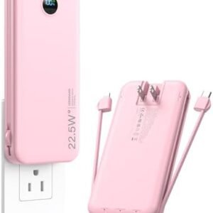 Portable Charger, 12000mAh 22.5W Fast Charging Power Bank with Built-in Cables & Wall Plug, External Battery Pack with LED Display, Travel Essentials Battery Bank for iPhone, iPad, Samsung Fairy Pink