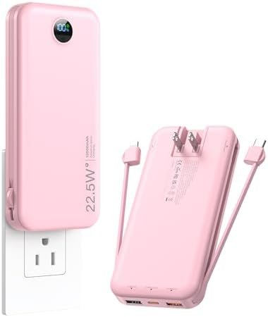Portable Charger, 12000mAh 22.5W Fast Charging Power Bank with Built-in Cables & Wall Plug, External Battery Pack with LED Display, Travel Essentials Battery Bank for iPhone, iPad, Samsung Fairy Pink