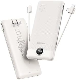 VEGER Portable Charger with Built-in AC Plug and Cables, All in One 10000mAh Ultra Slim Power Bank Travel Essentials, 15W Fast Charging Battery Pack Compatible with iPhone, Samsung, Android (Coffee)