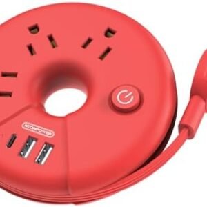 Travel Power Strip, NTONPOWER Desktop Charging Station with 3 Outlets 3 USB Short Wrapped Extension Cord 3ft for Travel, Cruise Ships, Office, Nightstand, Red