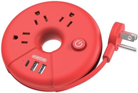 Travel Power Strip, NTONPOWER Desktop Charging Station with 3 Outlets 3 USB Short Wrapped Extension Cord 3ft for Travel, Cruise Ships, Office, Nightstand, Red