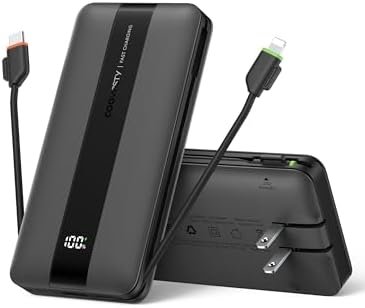 Portable Charger with Wall Plug, Fast Charging Power Bank Built-in Cables, Slim 10500mAh 22.5W 4 Outputs 3 Inputs LED Display External Battery Pack Compatible with iPhone/Android (Black)