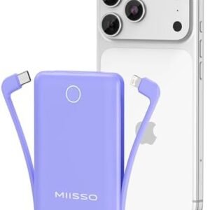 miisso 10000mAh Mini Portable Charger with Built in Cable, Pocket Size Power Bank Travel External Battery Pack for Phone, 3 Output USB Type C Cord Clutch Compatible with iPhone, Samsung, Purple