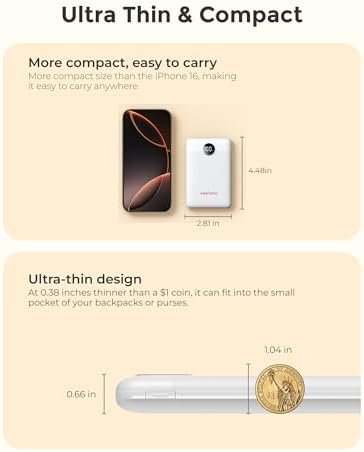 Small Portable Charger 10000mAh, Mini Power Bank with LED Display, 22.5W PD Fast Charging USB-C Battery Pack, Compact Lightweight Travel Charger Compatible with iPhone Samsung Android, White - Image 9