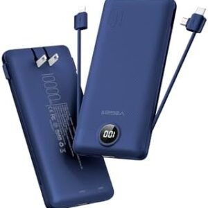 VEGER Portable Charger with Built-in AC Plug and Cables, All in One 10000mAh Ultra Slim Power Bank Travel Essentials, 15W Fast Charging Battery Pack Compatible with iPhone, Samsung, Android (Navy)