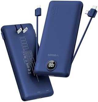 VEGER Portable Charger with Built-in AC Plug and Cables, All in One 10000mAh Ultra Slim Power Bank Travel Essentials, 15W Fast Charging Battery Pack Compatible with iPhone, Samsung, Android (Navy)