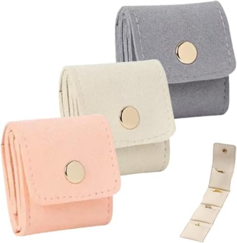 Mini Travel Jewelry Bag, Mini Travel Jewelry Roll Bag with Buckle, Portable Foldable Travel Jewelry Organizer Case, Small Jewelry Box for Earrings, Rings, Necklaces (Gray+Pink+White)