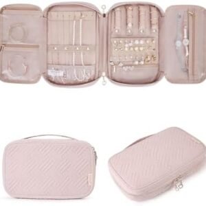 BAGSMART Jewelry Organizer Case Large Travel Jewelry Storage Bag for Necklace, Earrings, Rings, Bracelet, Soft Pink