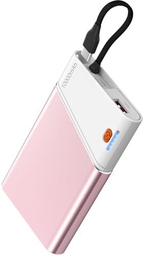 Portable Charger Power Bank, 10000mAh 22.5W PD Super Fast Charging Powerbank with Built-in USB C in&Out Cable, Slim External Phone Battery Pack for iPhone 17/16 Samsung S24 Android etc (Pink)