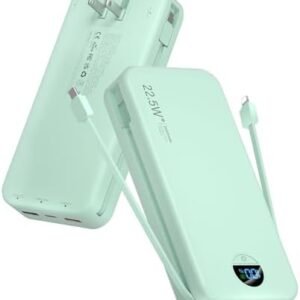 Portable Charger Power Bank, 20000mAh 22.5W USB C Fast Charging with Built-in Cables & Wall Plug, External Battery Pack with LED Display, Travel Essential for iPhone, iPad, Samsung Green