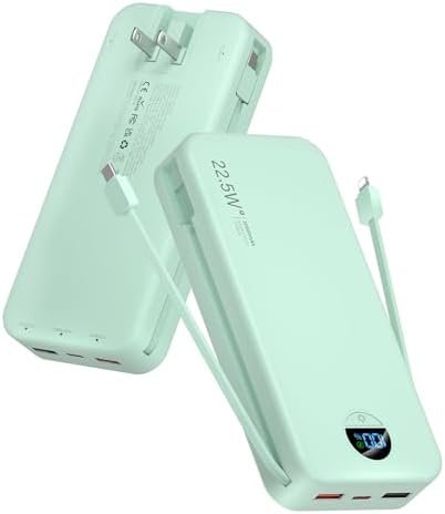 Portable Charger Power Bank, 20000mAh 22.5W USB C Fast Charging with Built-in Cables & Wall Plug, External Battery Pack with LED Display, Travel Essential for iPhone, iPad, Samsung Green
