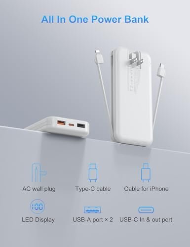 Portable Charger with Wall Plug, 12000mAh USB C Power Bank Fast Charging, External Battery Pack with Built in Cables, Digital Display, 5 Output 4 Input for iPhone Android Cell Phone Tablet - Image 9