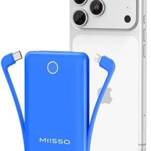 miisso 10000mAh Mini Portable Charger with Built in Cable, Pocket Size Power Bank Travel External Battery Pack for Phone, 3 Output USB Type C Cord Clutch Compatible with iPhone, Samsung, Deepblue