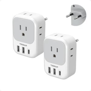2 Pack European Plug Adapter USB C, TESSAN US to Europe Adapter 4 Outlets 3 USB Charger, Type C International Power Adaptor to Italy Spain France Portugal Iceland Germany, Europe Travel Essentials