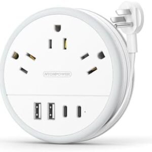 NTONPOWER Travel Power Strip, Travel Essentials, Cruise Essentials 3 Outlets 4 USB Ports(2 USB C), 4FT Wrapped Around Extension Cord for Travel Cruise Ship Beach Vacation Essentials White