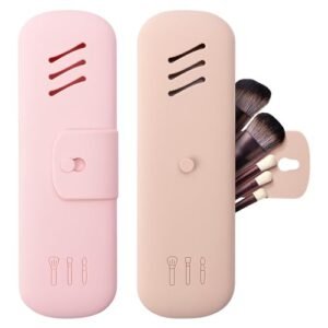 Travel Makeup Brush Holder,Travel Essentials makeup brush case,Silicone Make Up Organizer Bag Purse(Pink+Khaki)