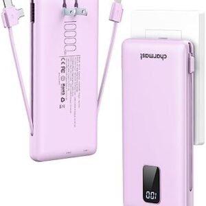charmast Portable Charger with Built-in Cables & Wall Plug, 10000mAh Portable Power Bank, External Battery Pack Travel Essentials Compatible with iPhone 16/15/14/13, Samsung, iPad etc