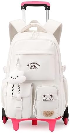 Girls Boys Rolling Backpack with Wheels, Girls Backpack with Wheels for School, Kids Carry-on Luggage Wheeled School Bag Roller Trolley Bookbag, White