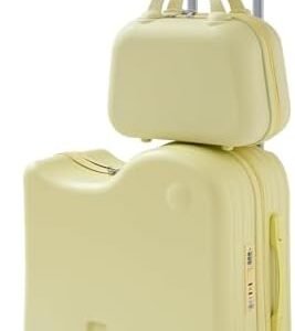 TABU Ride-on Luggage with Portable Bag for Kids，Hardshell Carry On Suitcase with Hidden Cup Holder, Foldable Pedal,Type-C & USB Interface, TSA Lock, 6-Spinner Wheels, Yellow