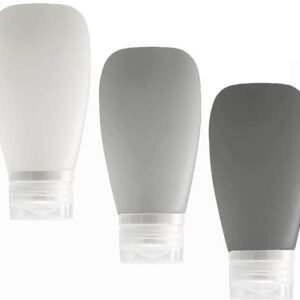 Travel Bottles for Toiletries, TSA Approved 3oz (90ml) Leak Proof Silicone Refillable Squeeze Travel Size Containers BPA Free for Cleansers, Lotions, Shampoo 3-pk (Black-Gray-White)