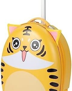 Olakids Kids Luggage, 16'' Carry On Rolling Suitcase for Girls Boys with LED Flashing Spinner Wheels, Travel Trolley Hardside Case for Toddlers (Yellow Tiger)