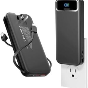 12000mAh Lightweight-Portable-Charger-Power-Bank with Built-in Cables and AC Wall Plug, PD20W USB-C Fast Charging Battery Pack, LED Display External Travel Phone Charger for All iPhone,Samsung,Android