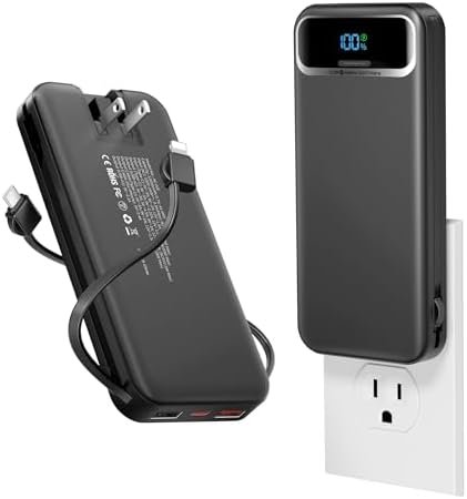 12000mAh Lightweight-Portable-Charger-Power-Bank with Built-in Cables and AC Wall Plug, PD20W USB-C Fast Charging Battery Pack, LED Display External Travel Phone Charger for All iPhone,Samsung,Android