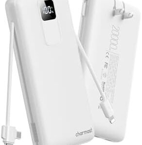 charmast 20000mAh Portable Charger with Built-in Cables & Wall Plug, 20W USB C Power Bank, Fast Charging Battery Pack Travel Essentials Compatible with iPhone 16/15/14 Series, Samsung, Google, iPad