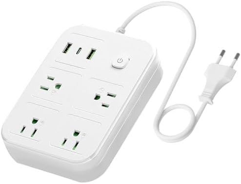 European Travel Plug Adapter, European Power Strip with 4 AC Outlets 1 USB C and 2 USB Ports, Europe to US Plug Adapter Type C for EU Germany France Spain Italy Travel (3ft)