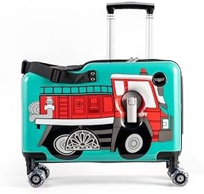 Younglingz LIL FLYER GO Version 2 Ride On Suitcase for Kids | Carry On Luggage with Toddler Seat, Foldable Handlebars, Pedals, and Removable Wheels | Holds up to 80 lbs | FIRETRUCK | Ages 2-6