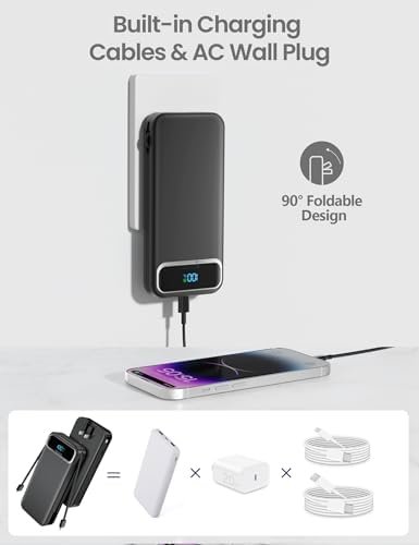 12000mAh Lightweight-Portable-Charger-Power-Bank with Built-in Cables and AC Wall Plug, PD20W USB-C Fast Charging Battery Pack, LED Display External Travel Phone Charger for All iPhone,Samsung,Android - Image 4
