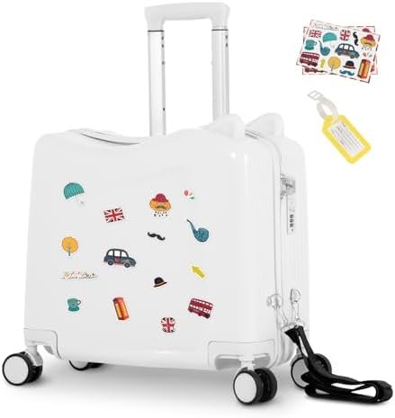 smilesun 20" Ride-On Travel Suitcase for Kids, Cute Ear Toddler Carry on Luggage with Spinner Wheels, Children Rolling Trolly Luggage with Combination Lock (Matte White with Rope)
