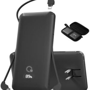 10000mAh Portable Charger with Built-in Cables and AC Wall Plug, USB C Fast Charging Power Bank with 3 Cords,5 Output External Battery Pack Compatible with iPhone,Tablet and All Smart Phones Black