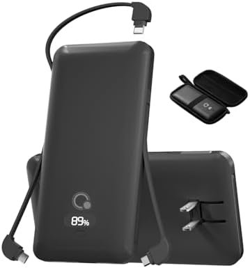 10000mAh Portable Charger with Built-in Cables and AC Wall Plug, USB C Fast Charging Power Bank with 3 Cords,5 Output External Battery Pack Compatible with iPhone,Tablet and All Smart Phones Black