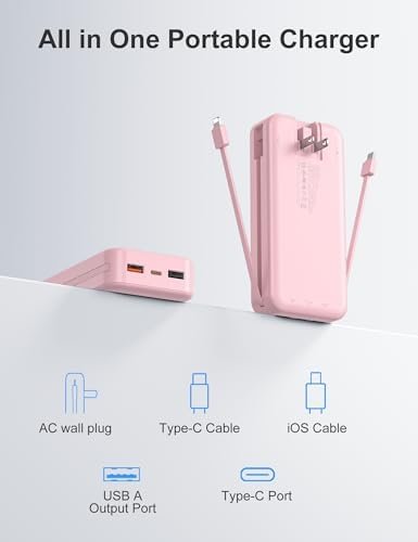 20000mAh Ultra-Portable-Charger-Power-Bank PD20W with Built in Cables&AC Wall Plug,Fast Charging Cell Phone Charger Battery Pack,LED Display Travel Battery Bank for All iPhone,Samsung,Android - Image 2