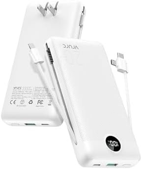 VRURC Power Bank 20000mAh, Fast Charging Portable Charger USB C,4 Output 2 Input Travel Essentials Charging Bank Equipped with LED Display,Built-in Wall Plug and Cables,Phone Charger Battery,White