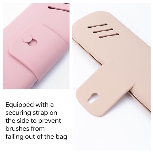 Travel Makeup Brush Holder，Travel Essentials makeup brush case，Silicone Make Up Organizer Bag Purse（Pink+Khaki） - Image 3