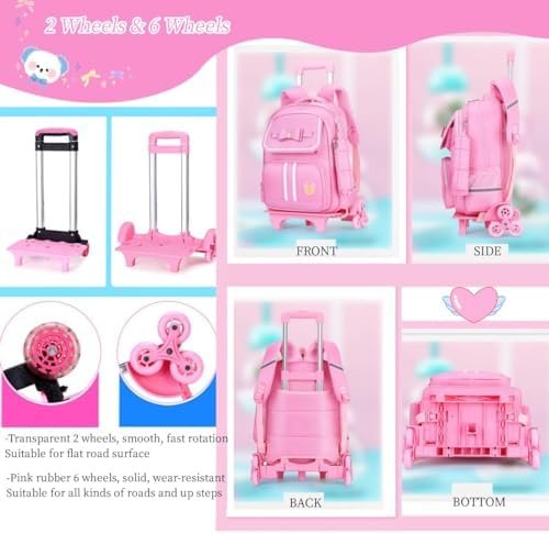 Rolling Backpack for Girls Cute Trolley Bags Primary School Bookbags with Wheels Kids Carry-On Wheeled Backpack with Lunch Bag - Image 5