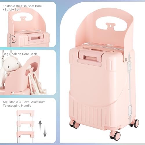 smilesun 20" Carry On Luggage with Seat For Kids & Adults，Hardside Ride On Suitcase with 360°Spinner and TSA Lock For Travel(Light Pink, 20-in) - Image 4