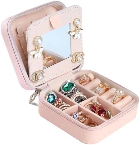 HABGP Small Jewelry Box with Mirror, Travel Jewelry Case for Women, Portable Jewelry Organizer PU Leather Jewelry Storage for Her Girls Daughter Mom, jewelry box for Earring, Necklace,Rings, Bracelets