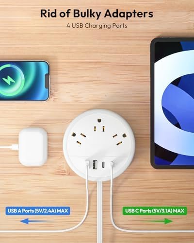 NTONPOWER Travel Power Strip, Travel Essentials, Cruise Essentials 3 Outlets 4 USB Ports(2 USB C), 4FT Wrapped Around Extension Cord for Travel Cruise Ship Beach Vacation Essentials White - Image 2