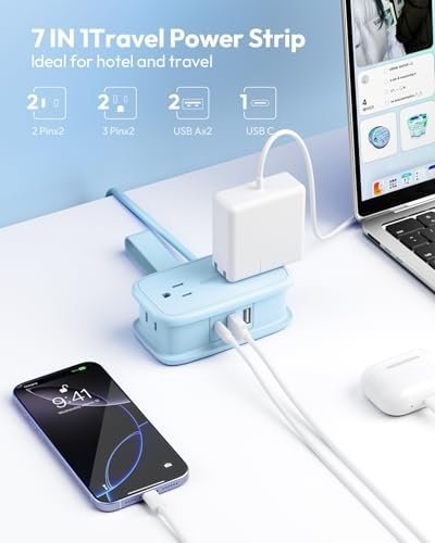 NTONPOWER Travel Power Strip,Travel Essentials 4 Outlets 3 USB(1 C) with 4FT Wrapped Extension Cord Flat Plug, Cruise Essentials 2026 for Hotel Travel Cruise Essentials, Blue - Image 3